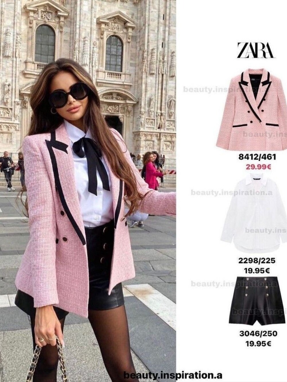 Zara Pink Tweed Double-Breasted Blazer with Black Trim
